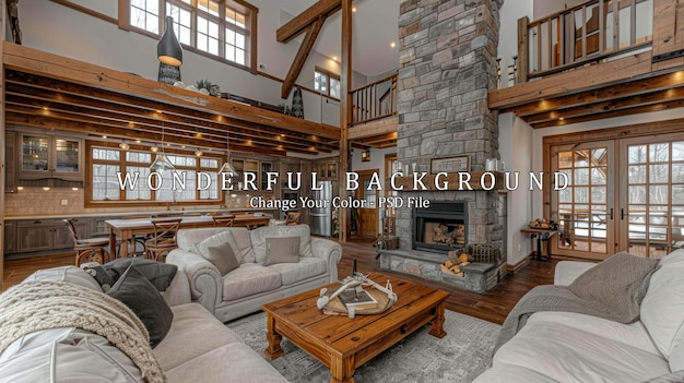 PSD rustic living room with stone fireplace and wooden beams