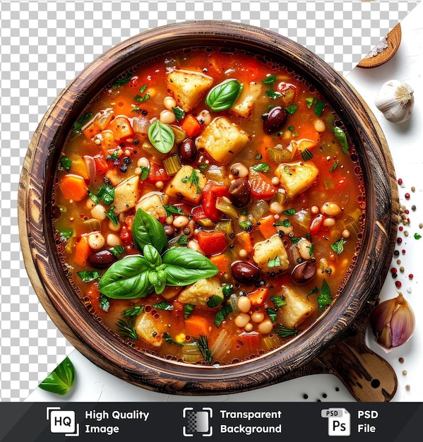 PSD rustic minestrone soup with fresh vegetables set isolated on top view restaurant background