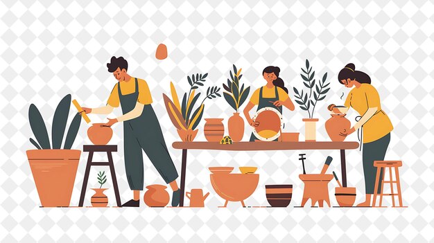 PSD rustic potter with characters creating and designing pottery png people in daily work illustration