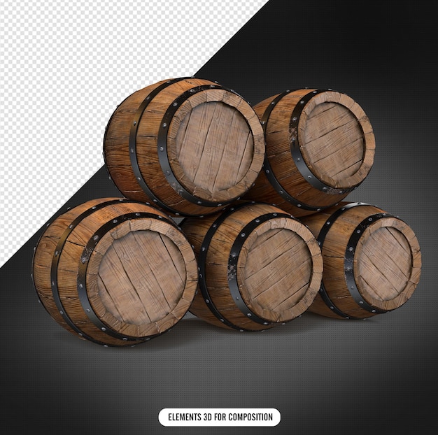 Rustic wooden barrel and realistic black hardware for wine or beer