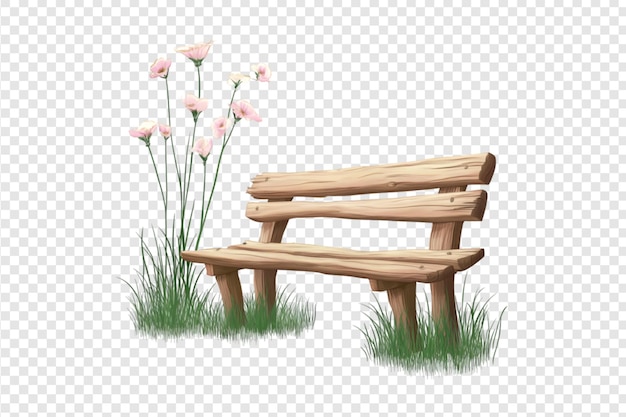 PSD rustic wooden bench with wildflowers and grass isolated on a transparent background