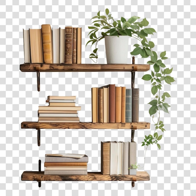 Rustic wooden bookshelf with plants