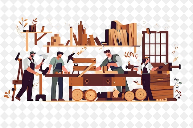 PSD rustic woodworker with characters building and crafting wood png people in daily work illustration