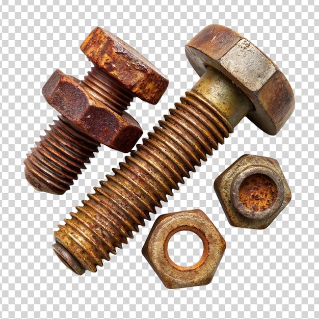 Rusty nuts and bolts on transparent background