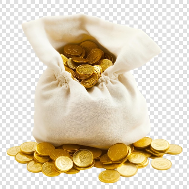 Sack of blank golden coins isolated on transparent background