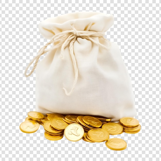 PSD sack of blank golden coins isolated on transparent background