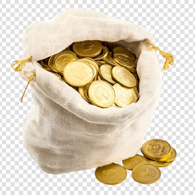 Sack of blank golden coins isolated on transparent background