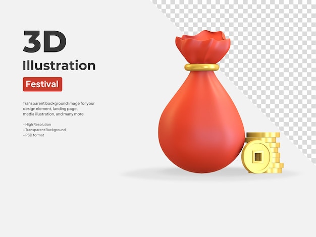 Sack of money icon chinese new year symbol 3d render illustration