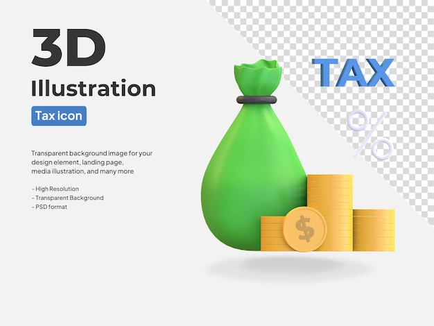 sack of money with coin tax icon 3d rendered illustration