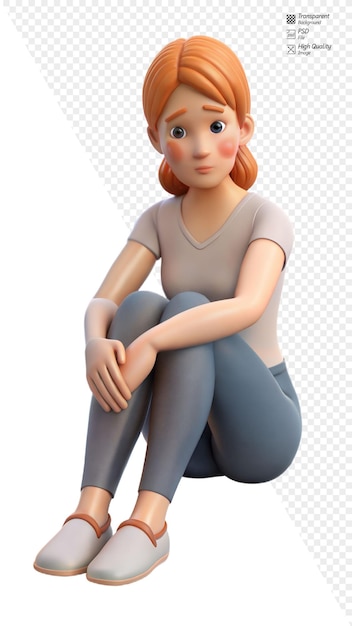 Sad cartoon woman sitting crosslegged with dry skin on legs on transparent background