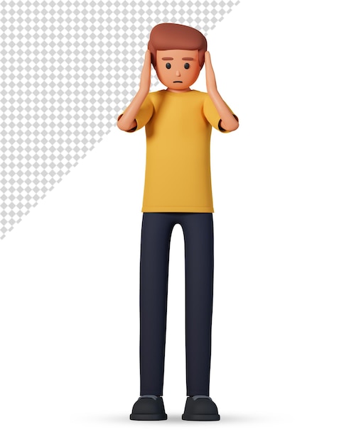 Sad and depressed young man character holding his head 3d illustration