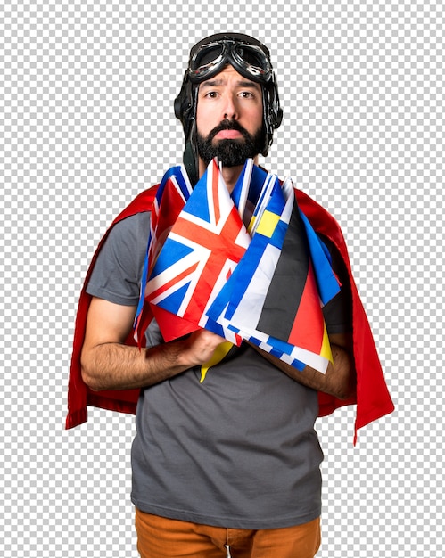 Sad superhero with a lot of flags