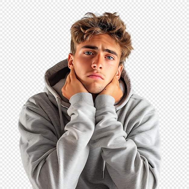 Sad young guy posing on isolated transparent background