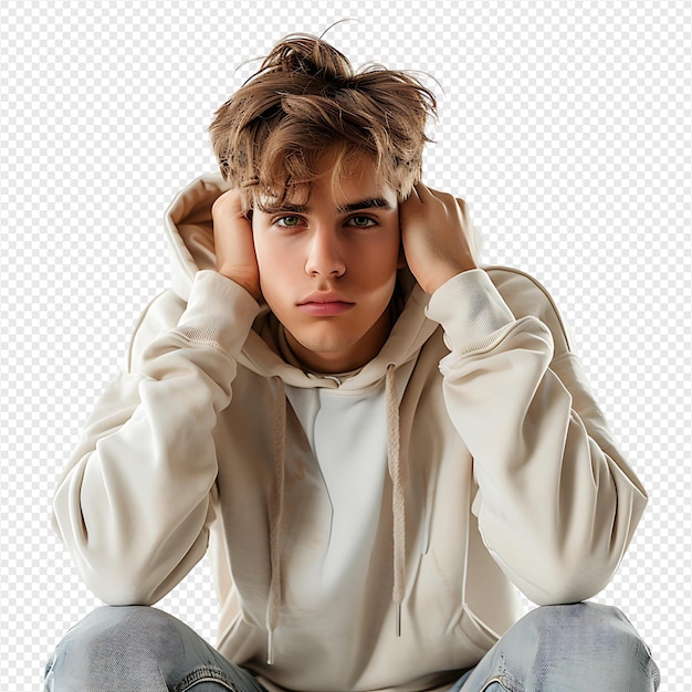 PSD sad young guy posing on isolated transparent background