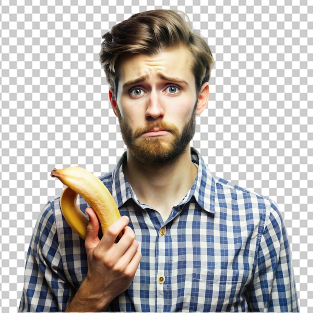 PSD sad young hipster man with banana transparent background