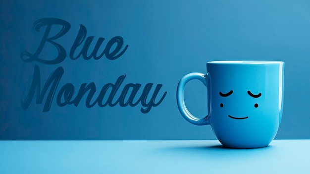 PSD sadness blue monday concept with blue cup a sad face with scarfcoffee on blue background