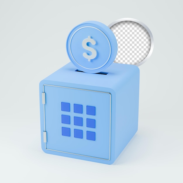 PSD safe box 3d icon and coin with a dollar sign on it