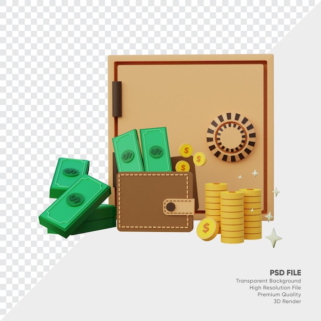 Safe box and pool of money and wallet and gold coins