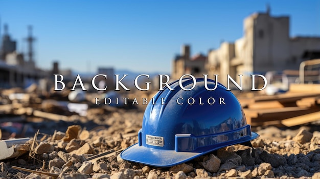 safety blue and white helmet on construction site with building construction background