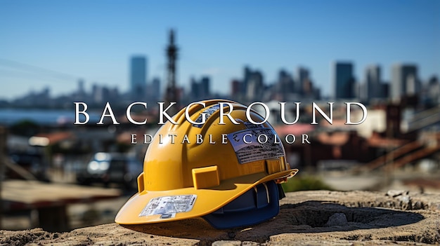 safety blue and white helmet on construction site with building construction background