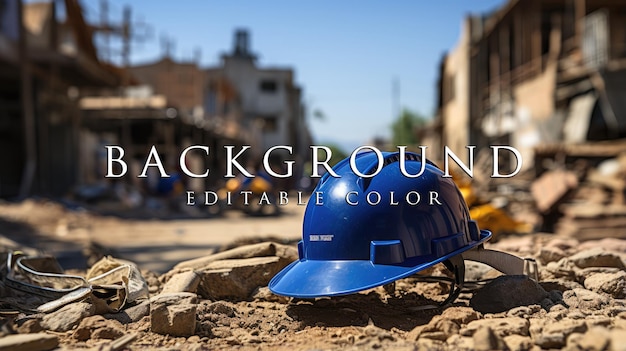 safety blue and white helmet on construction site with building construction background