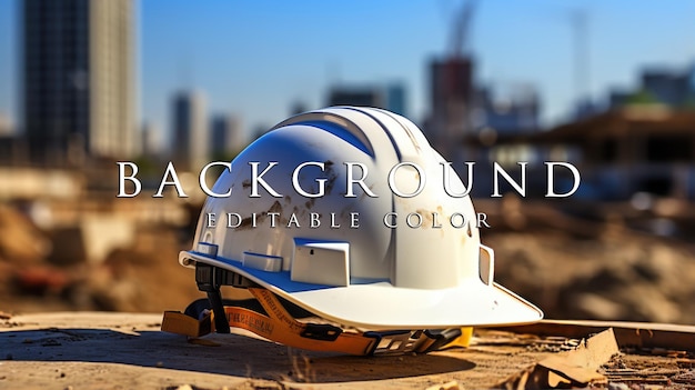 safety blue and white helmet on construction site with building construction background