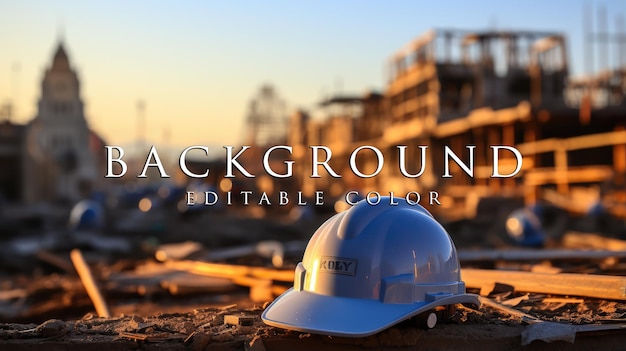 safety blue and white helmet on construction site with building construction background