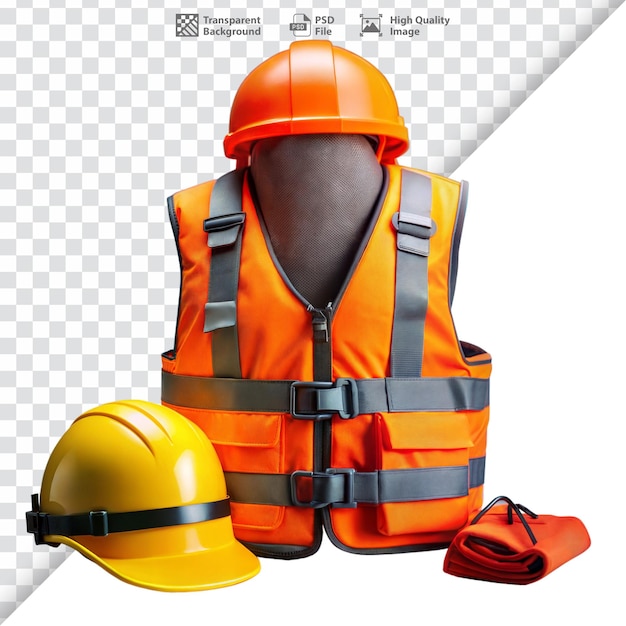 PSD safety gear including a hard hat and reflective vest representing safety construction