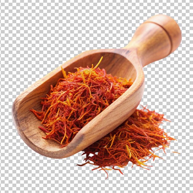 PSD saffron spice threads strands wooden scoop transparent background