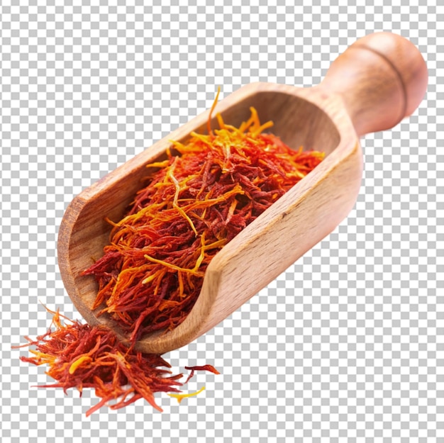 saffron spice threads strands wooden scoop transparent background