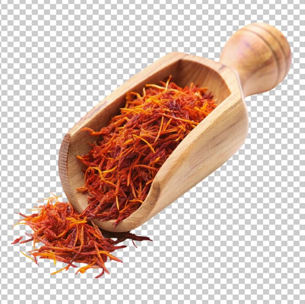 PSD saffron spice threads strands wooden scoop transparent background