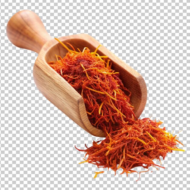 PSD saffron spice threads strands wooden scoop transparent background