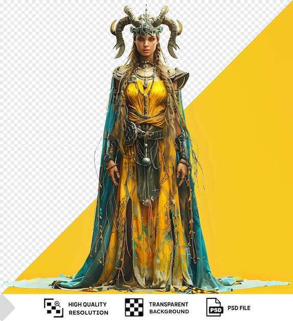 saga norse goddess wearing a gold dress and crown stands in front of a yellow background