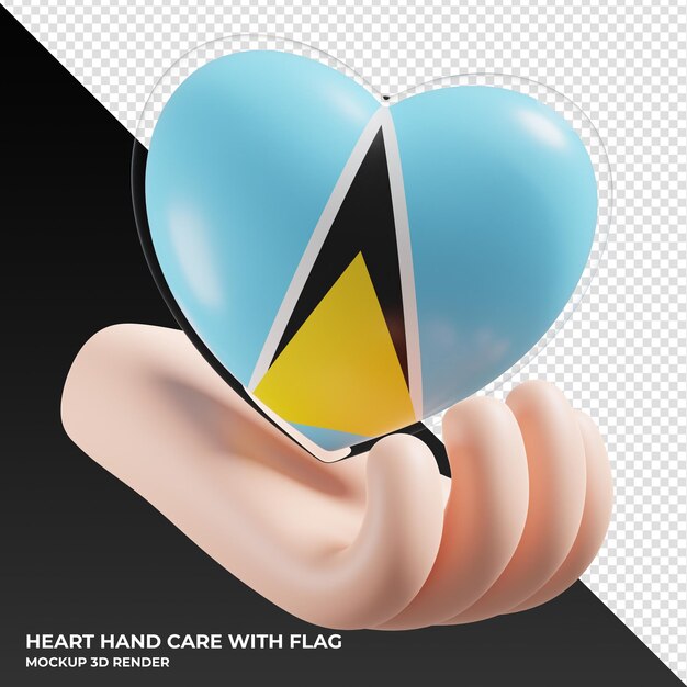 Saint Lucia flag with heart hand care realistic 3d textured