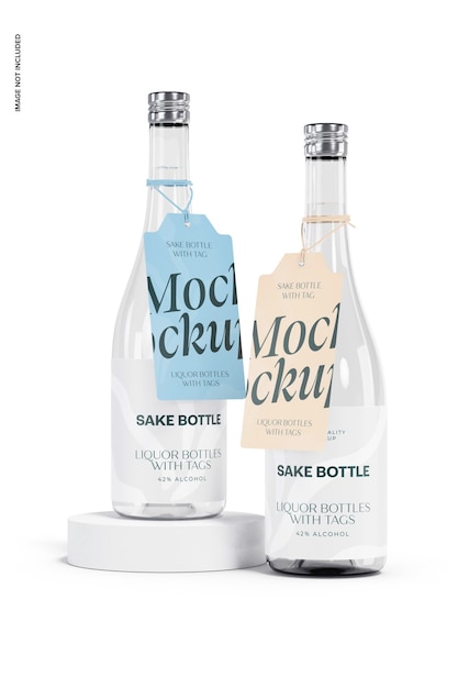 Sake Bottles with Tag Mockup, Left and Right View