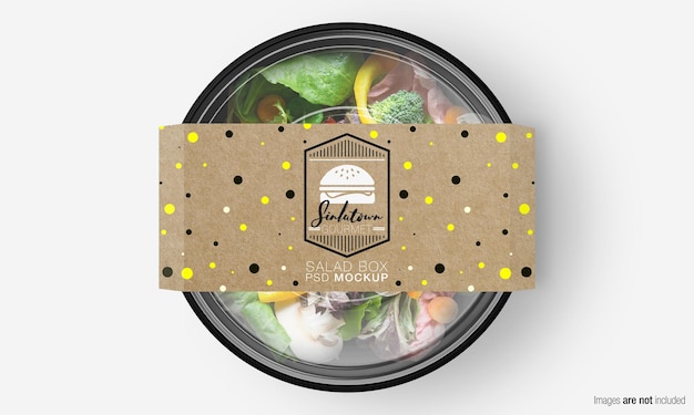 Salad Box Mockup With Paper Cover On Mix Green Salad