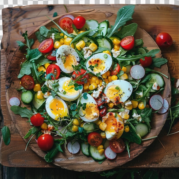 PSD a salad with eggs tomatoes and greens on a wooden tray