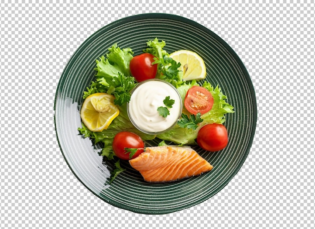 a salad with salmon lettuce and tomatoes on a plate