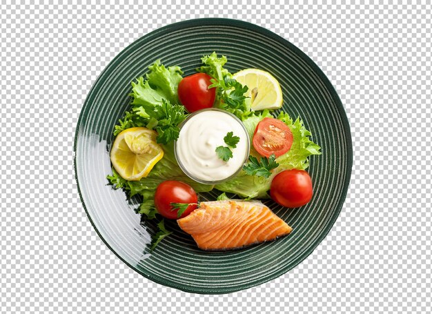 PSD a salad with salmon lettuce and tomatoes on a plate