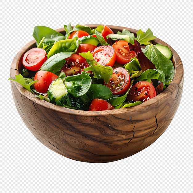 Salad in wooden bowl on isolated transparent background