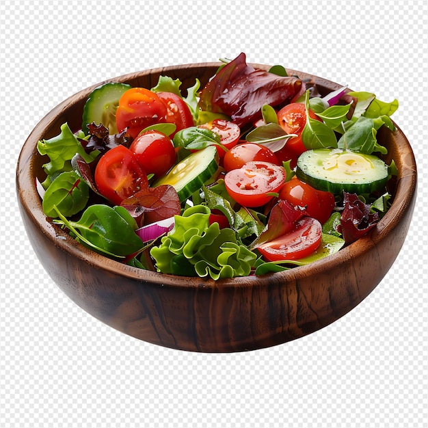 Salad in wooden bowl on isolated transparent background