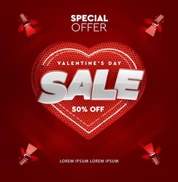 Sale in 3D rendering for Valentine's Day mockup