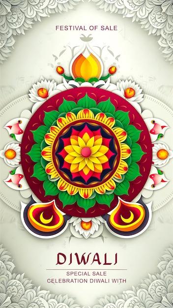 PSD sale poster or banner for festival of lights diwali paper cut style of indian rangoli white back