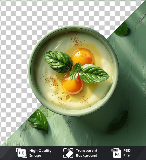 salep eggs in a white bowl on a wooden table surrounded by green leaves