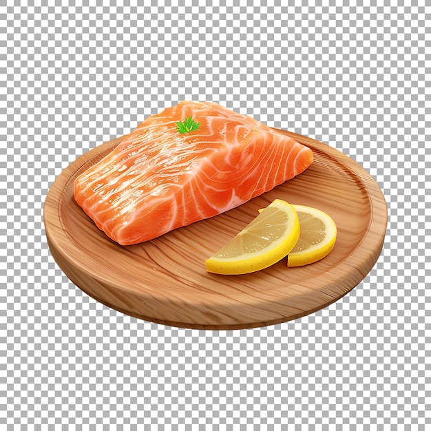 PSD salmon fish with lemon on wooden plate on transparent background ai generated