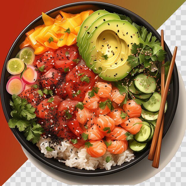 PSD salmon on rice poke bowl isolated on transparent background