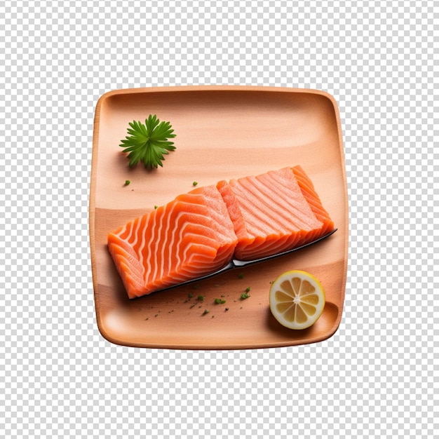 Salmon slice on wooden plate isolated on transparent background