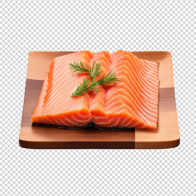 Salmon slice on wooden plate isolated on transparent background