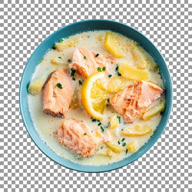 Salmon soup with lemon slices isolated on transparent background