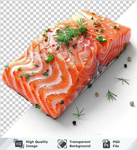 salmon steak isolated on transparent background accompanied by a green leaf